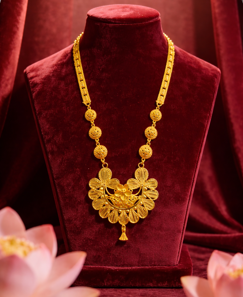 Gold necklace on a red velvet stand with pink flowers in the foreground